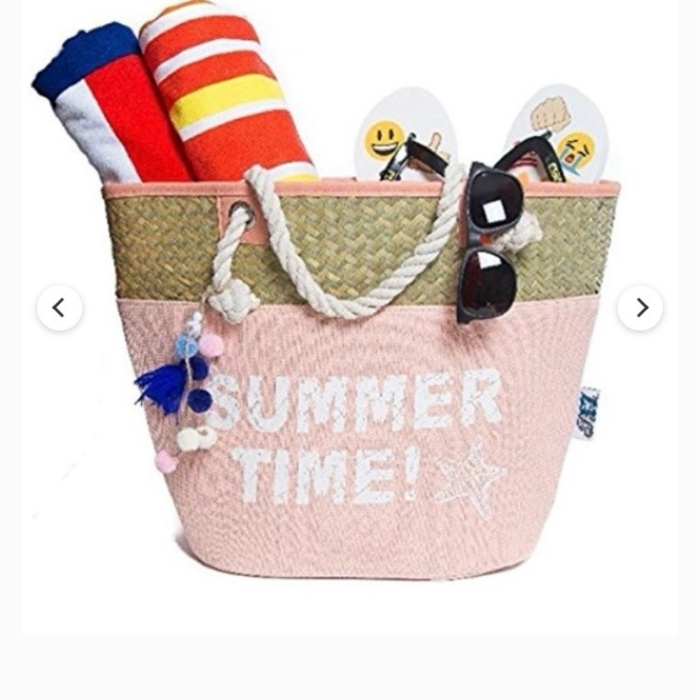 New Pink woven pom pom SUMMER TIME!' Beach Tote Bag with Rope Handles